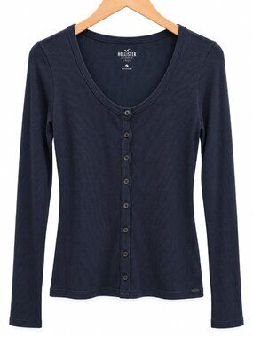 Hollister Navy Ribbed Henley Top L Slim Fit Long Sleeve Y2K Bella Swan